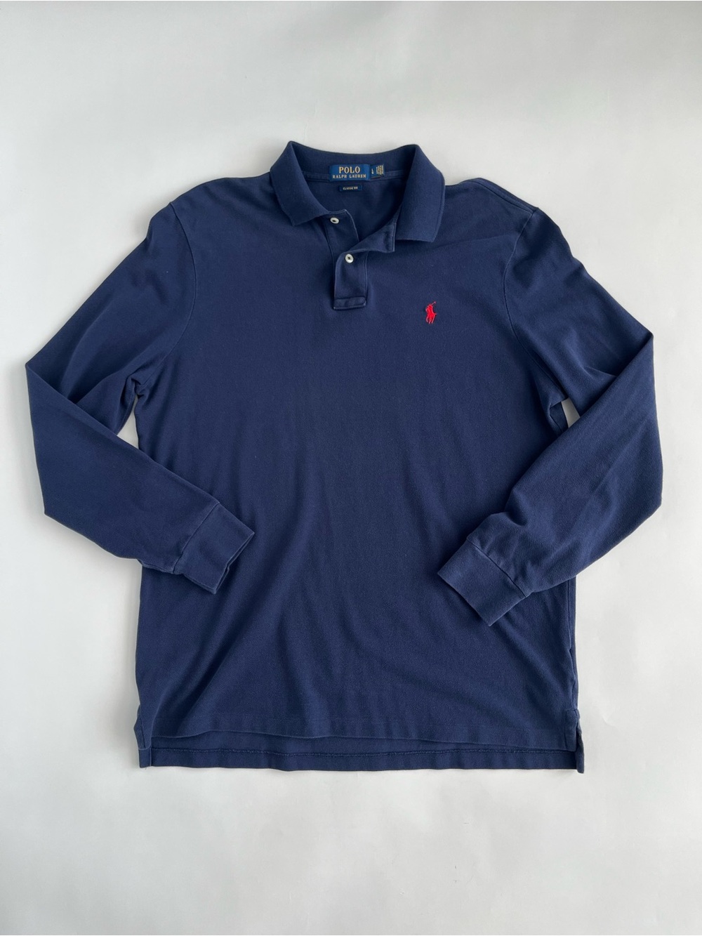 Polo Ralph Lauren Men’s Navy Long-Sleeve Classic Fit Cotton Polo with Red Pony
